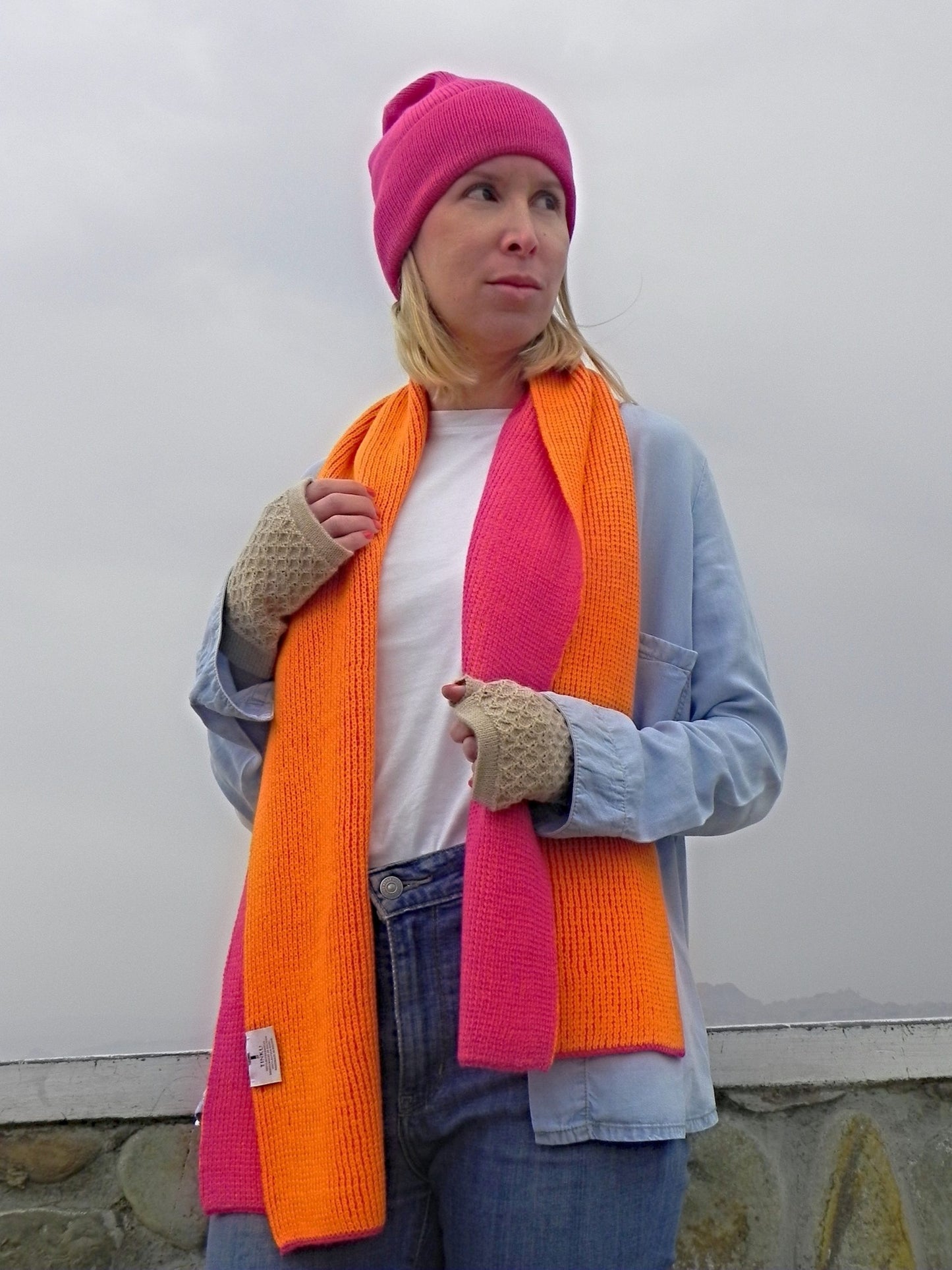 YANANTIN Double Sided Scarf Shawl in 100% Baby Alpaca (Pink & Orange)