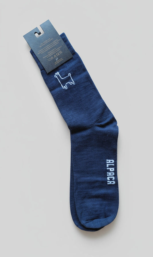 Blue alpaca sock with brand logo TINKU made in Bolivia