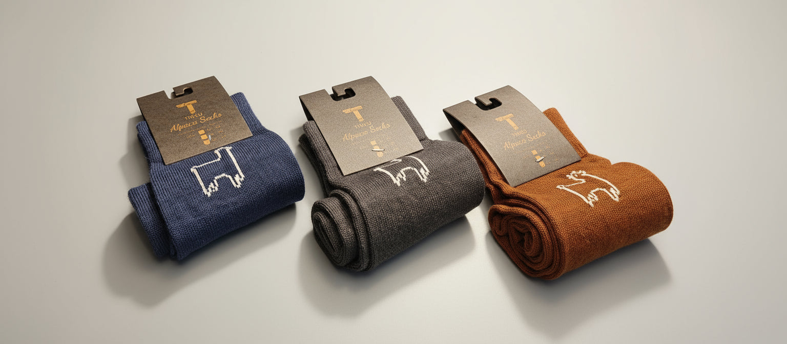 Three pairs of alpaca socks in blue, black, and brown on a textured surface with visible brand tags_TINKU