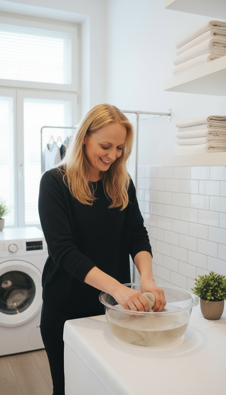 Woman in a beige coat wearing an 100% handwoven alpaka shawl from TINKU 
 and gloves smiling outdoors.